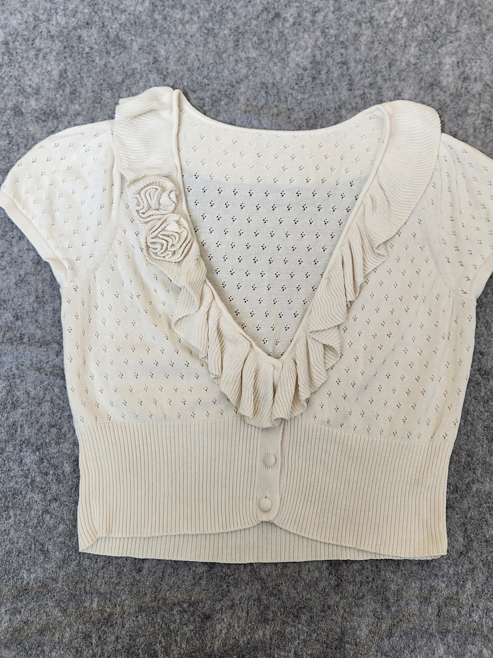 Y2K Bella Swan VNeck Ruffle Rosette Button Cardigan Sweater Women's XS Beige